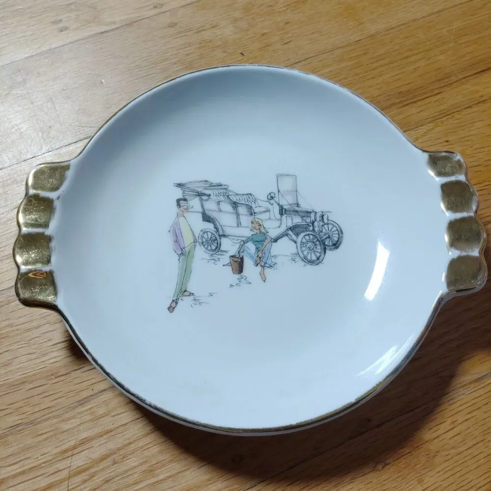Vintage Bavaria Porcelain Serving Dish Gold Trim Whimsical Car Illustration Rare